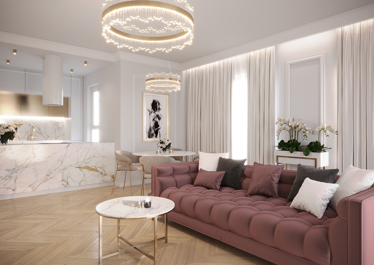Projekt części dziennej mieszkania 77m² w Kielcach